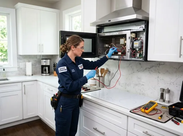 Appliance Repair Hero technician testing an over-the-range microwave in a Argonia, KS kitchen